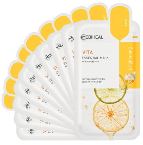 Mediheal Best Korean Sheet Mask - Vita Essential Face Mask 10 Sheets Vitamin Mask For All skin types Smoothing Tightening Toning up Brightening