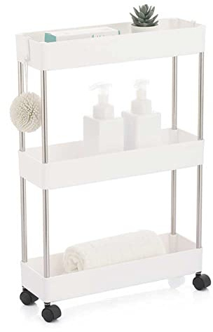 BAKAJI Carrello Carrellino Slim Stretto Sottile Salvaspazio Cucina Bagno Ripostiglio con Ripiani e 4 Ruote, Scaffale Portaoggetti Multiuso con Rotelle (3 Ripiani)