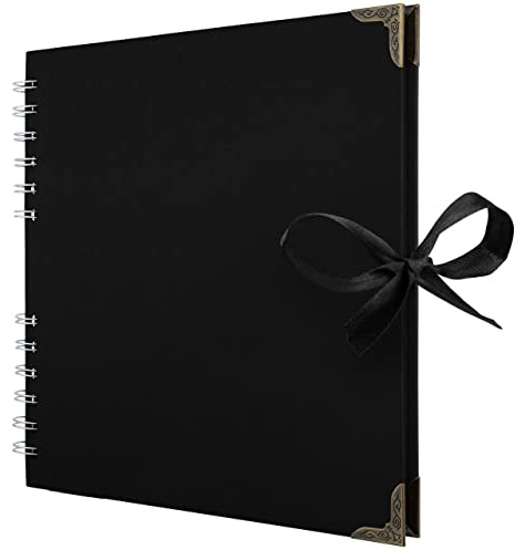 Bstorify Square Scrapbook Photo Albums 60 Pages (21 x 21 cm) Black Thick 250gsm Kraft Paper Scrap Book, Ribbon Closure - Ideal for Your Scrapbooking Albums, Art & Craft Projects (Black 21 x 21 Cm)