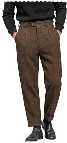 AeoTeokey Men's Suit Pant Herringbone Tweed Dress Vintage Trousers Casual Thick Wool Pleated Front