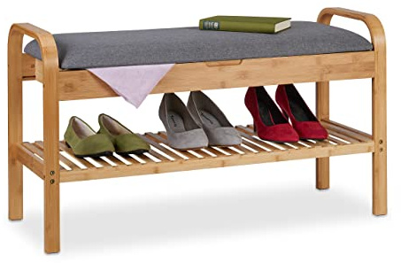 Relaxdays Schuhbank, für 4 Paar Schuhe, HxBxT 50x90x33 cm, weiche Sitzfläche mit Stauraum, Bambus Schuhregal, natur/grau
