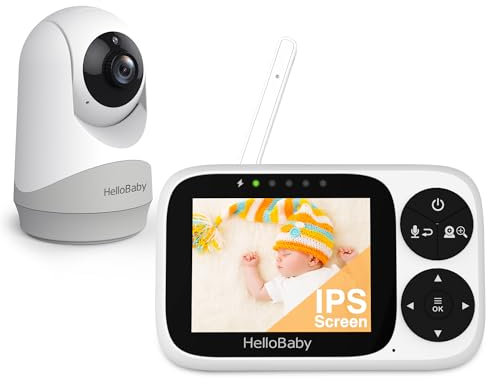 HelloBaby Babyphone mit Kamera ohne WLAN, 3,2-Zoll-IPS-Bildschirm, Nachtsicht, VOX-Modus, Schwenken, Neigen Zoomen Temperaturüberwachung, 2-Wege-Audio, Schlaflied, Alarm
