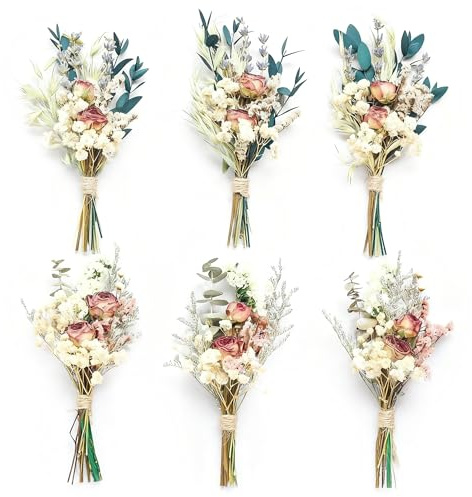 apmunik Mini Dried Flower Bouquet Set of 6, Pampas Grass Boho Wedding Table Centerpieces,Boutonniere for Men,Dry Flowers,Personalized Bridesmaid Gift Box,Small Bottles Decoration.(Rose)