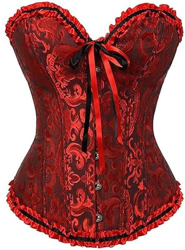Springcmy Corsé de talla grande para mujer, corpiño con huesos, moldeador, lencería floral, encaje con volantes, cintura push up, A-negro rojo, XS