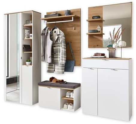 BARI Flurgarderoben Set in Weiß, Artisan Eiche Optik FSC-zertifiziert - Modernes Garderobenset 5-teilig für Ihren Eingangsbereich - 264 x 202 x 38 cm (B/H/T)