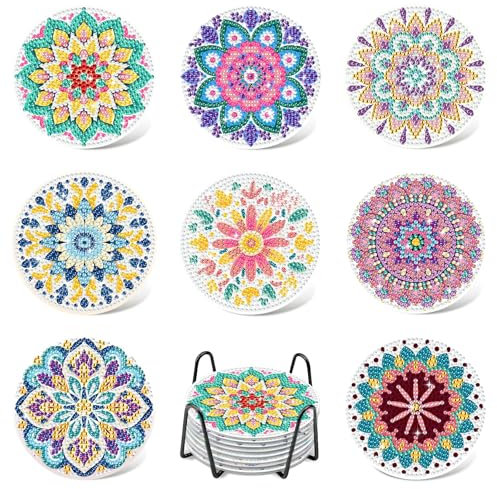 8 Stück Diamond Painting Untersetzer Mit Halter, Mandala Diamond Painting Erwachsene, Diamant Tassenuntersetzer Diamond Painting Zubehör, DIY Untersetzer rutschfest für Anfänger, Erwachsene