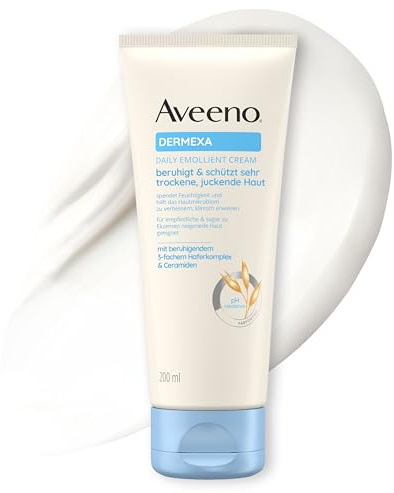Aveeno Dermexa Feuchtigkeitsspendende Tägliche Emollientien Creme Körperlotion mit beruhigendem 3-fachem Haferkomplex für sehr trockene, juckende, empfindliche, zu Ekzemen neigende Haut, 200ml