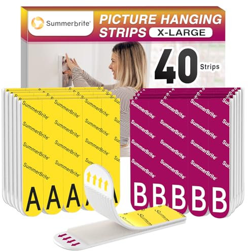Summerbrite Klebestreifen 20 Paar (40 Streifen,Größe XL) Bilder Aufhängen ohne Bohren, Klettband Selbstklebend,Streifen halten bis zu 6,8 kg, Rückstandslos, Geeignet für Fotorahmen, Dekorationen