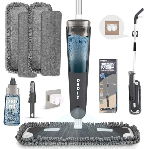 DARIS Trapeador de microfibra para limpieza de suelos, polvo giratorio de 360 grados con 4 almohadillas lavables, fregonas planas húmedas y secas, botella recargable de 780 ml para casa, cocina, suelo