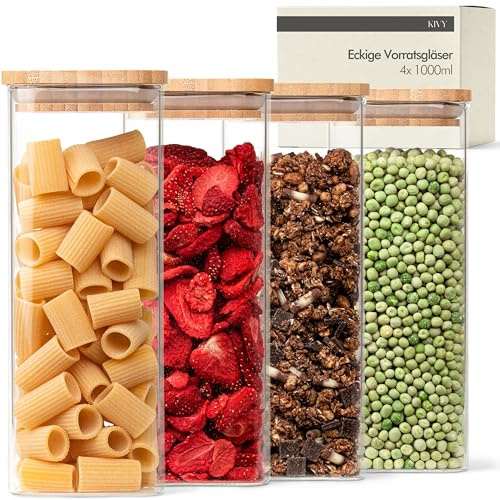 KIVY Vorratsgläser mit Deckel Luftdicht [4x 1000ml] Eckige Vorratsdosen Glas mit Deckel - Glasbehälter mit Deckel - Müsli Aufbewahrung Küche - Vorratsglas mit Holzdeckel - Vorratsbehälter Glas