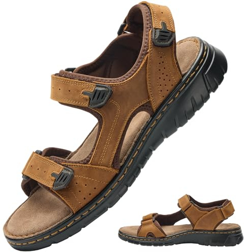 7STROBBS Wide Fit Mens Sandals, Real Leather Walking Sandals for Men, Open Toed Sports Outdoor Sandal with Adjustable Strap for Summer, Holidays, Beach, Hiking, Boating, Towns, Light Brown UK 10