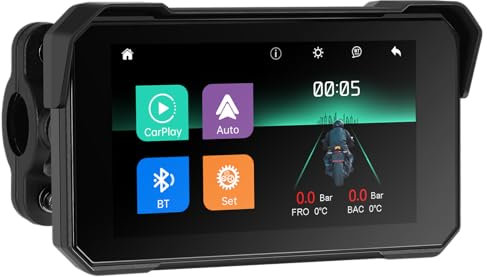 Rimoody Carplay Senza Fili Schermo per Moto 5 Pollici Touchscreen Autoradio Portatile per Moto, IP68 Impermeabile con Android Auto Bluetooth Rilevamento Della Pressione Degli Pneumatici 12V