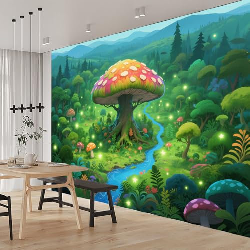 Kuletkear Wallpaper Peel and Stick Mushroom Waterproof Mural Forest Fantasy Art Decor Paintings for Nursery Wall Décor Girls Kids Bedroom Living Room Bathroom Home Decor 249x175cm