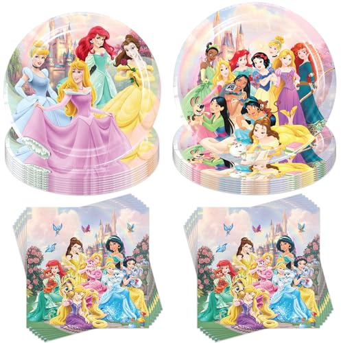 Jiahuade Princess - Lot de 40 vaisselle de fête pour anniversaire d'enfant - Thème princesse - Avec assiettes en carton, gobelets, serviettes, nappe, pailles - Pour 10 invités