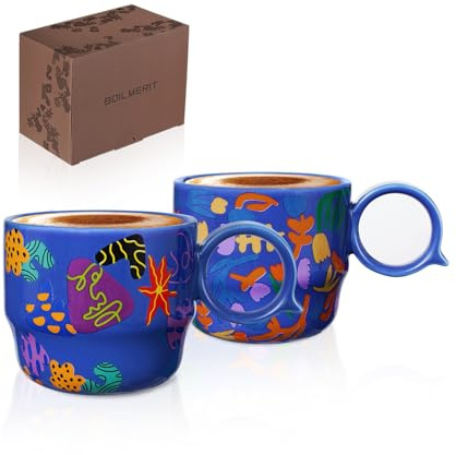 BOILMERIT Ceramic Espresso Cups Set of 2 – Mini 3 oz Double Espresso Coffee Cups with Cute Q Handle, Floral and Fruit Patterns, Small Blue Demitasse Shot Cups for Coffee Machine
