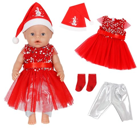4Pcs Baby Dolls Clothes for 30-45cm Doll, Christmas Sweet Dolls Dress, Red Sequins Doll Clothes Outfit and Accessories Including Dress Leggings Christmas Hat socks Kids