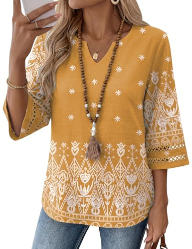 LOMON Linen Shirts for Women: 3/4 Sleeve Dressy Casual V Neck Boho Tops - Ladies Blouses Work Professional Flattering Outfits to Hide Tummy