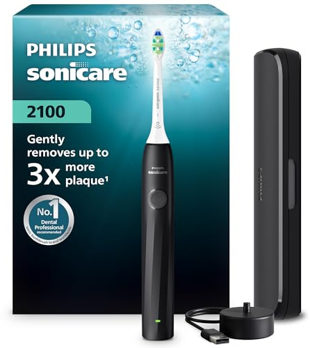 Philips Sonicare Serie 2100 - Spazzolino elettrico sonico con 2 livelli d'intensità, funzione EasyStart, SmarTimer, 14 giorni di autonomia, custodia, nero, HX4023/02, [Nuovo]