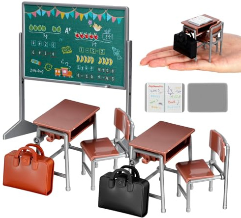 TOYANDONA 1 juego de miniaturas para aula, miniatura, muebles para muñecas, con pizarra, silla, escritorio, libro, mochila escolar para muñecas, suministros escolares de juguete