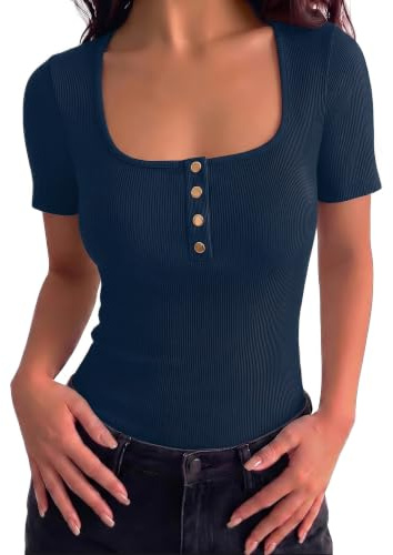 Gyabnw Women's T Shirt Stretch Ribbed Slim Fit Square Neck | Ribbed texture, slim fit, square neckline, casual T shirt styling, for summer wear, casual everyday styling