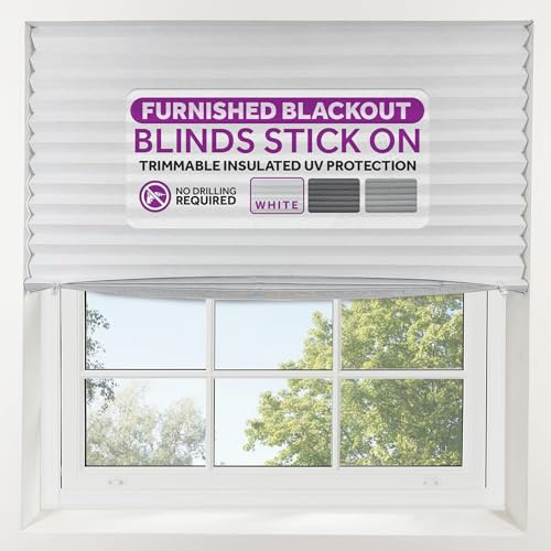 FURNISHED Blackout Blinds Stick On - Portable No Drill Blind, Temporary Blackout Cover, No Drilling Pleated Shades, Stick-on Black Out Blinds Window, Removable Blockout Shutters, White, 115W x 150H cm