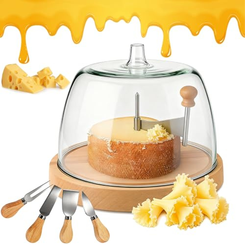 2026 Upgrade Cheese Curler Wheel with Wood Base, Sharp Blade Cheese Shaver, Stainless Steel Metal Cheese Cutter, Create Cheese Rose Flowers, Simple to Clean (Round With lid)