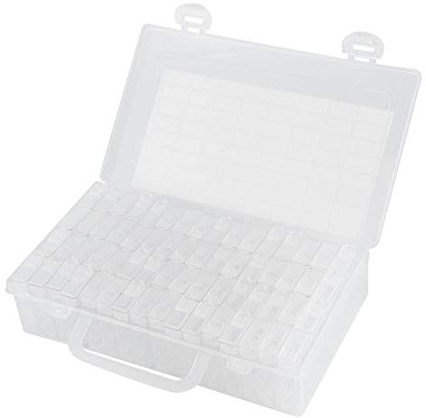 Akozon Organizador de Almacenamiento de Cuentas con 64 Ranuras para Suministros de Pintura y Bordado de Diamantes - Caja de Plástico con Compartimentos Extraíbles y Etiquetas para Manualidades