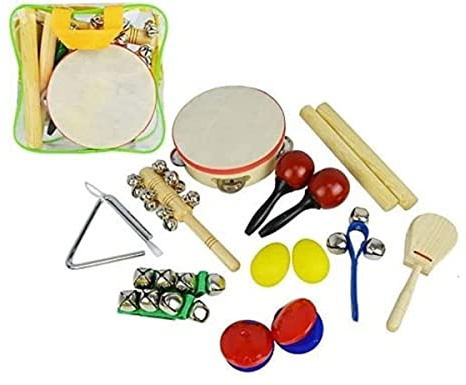 A-Star 14pcs Handheld Musical Instrument Percussion Gift Set with Storage Carry Bag, inc Tambourine & Bells, Fun Mini Band for Beginners