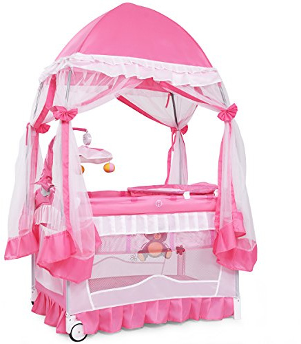 BABY JOY 4 in 1 Pack and Play with Canopy, Portable Baby Playard with Bassinet, Double-Layer Baby Crib, Wheels & Brake, Foldable Baby Girl Pink Princess Bassinet from Newborn to Toddler