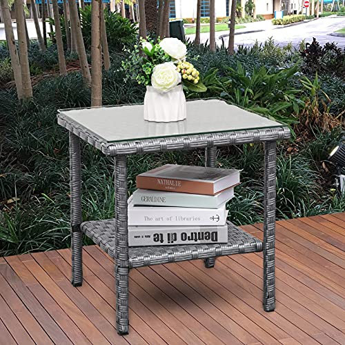 Outdoor PE Wicker Side Table - Patio Rattan Garden Coffee End Square Table with Glass Top-2-layer Table Furniture, Grey