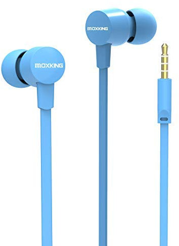 MOXKING Wired Tangle Free Earphones With for kids women small ears, Comfortable and Lightweight Flat Cable Ear bud with Microphone and Volume Control for Cell Phone Laptop (Blue)