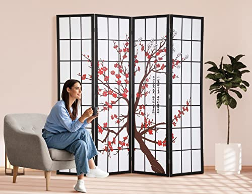 4 Panel Wood Room Dividers and Folding Privacy Screens, Traditional Chinese and Japanese Classic Grid Styling Folding Privacy Wooden Screen, 6 Ft Tall 6 Ft Wide Room Partitions and Dividers