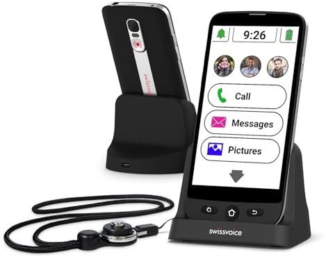 SWISSVOICE - Smartphone S510-C + Charging Cradle + Neck Strap - Easy to use - Big Buttons - SOS Geolocation Button - Smartphone Seniors 4G - Unlocked - Black