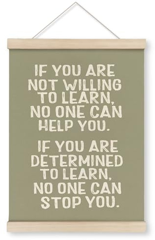 HRQKO Inspirational Sage Green Willing to Learn Poster Hanger Frame, Positive Affirmation Wall Art With Wooden Frames, Motivational Quotes Wall Hanging Decor for Nursery Classroom, 12x16 Inch
