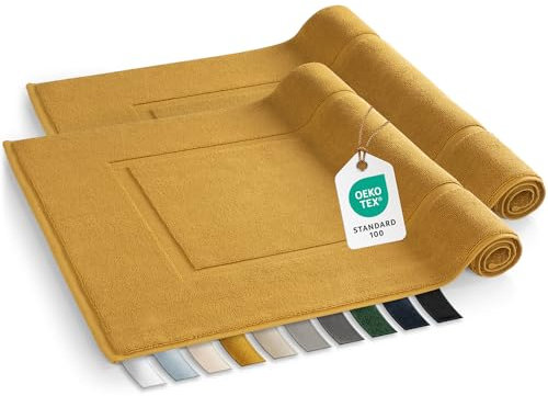 Blumtal Badvorleger Terry - Badezimmerteppich 100% Baumwolle in 50x80 cm - Oeko-Tex zertifizierter Badteppich & Duschvorleger - Badezimmer Teppich und Badvorleger Set 2 teilig in Spicy Mustard - Gelb