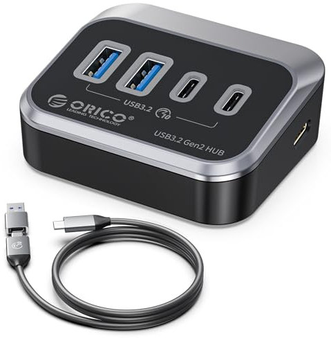 ORICO USB 3.2 Hub, USB 3.2 Gen 2 Hub mit 2 USB-A 3.2 Gen2 und 2 USB-C 3.2 Gen2, USB-Splitter kompatibel für iMac, MacBooks, Mac Mini, USB C Hub mit 2 in 1 Kabel 1m