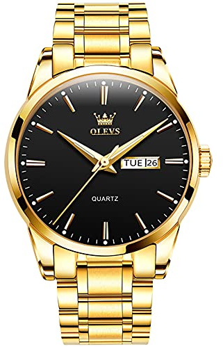 OLEVS Mens Watches Big Dial Black Face Men's Quartz Watch Classic Luxury Gold Stainless Steel Dress Watches for Men with Date Day Casual Simple Luminous Waterproof Men's Watch