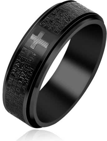 Oneress Anillo Religioso Cristiano de la Biblia Anillo para Aliviar la Ansiedad y el Estrés Anillo Negro para Hombres Acero de Titanio Escritura Cristiana Anillo Giratorio Anillo de Cruz para Hombres
