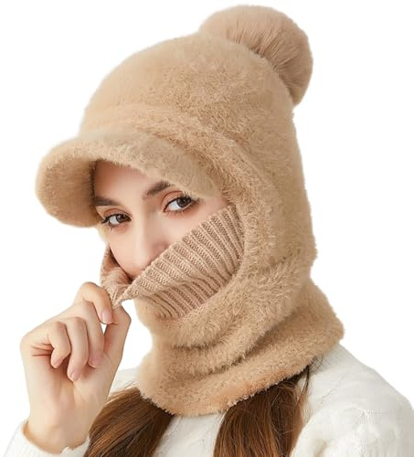 Rayson 3 en 1 Conjunto Bufanda y Gorro Invierno Mujer Elástico Cálido Sombreros con Pompón para Deportes Al Aire Libre(Caqui,Talla única)