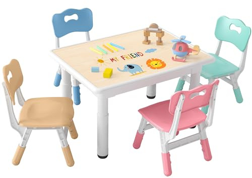 DOREROOM Kids Table and 4 Chairs Set, Height-Adjustable Toddler Table and Chairs with Graffiti Desktop, 31.5''L x 23.6''W Children Activity Table for Daycare, Classroom, Home