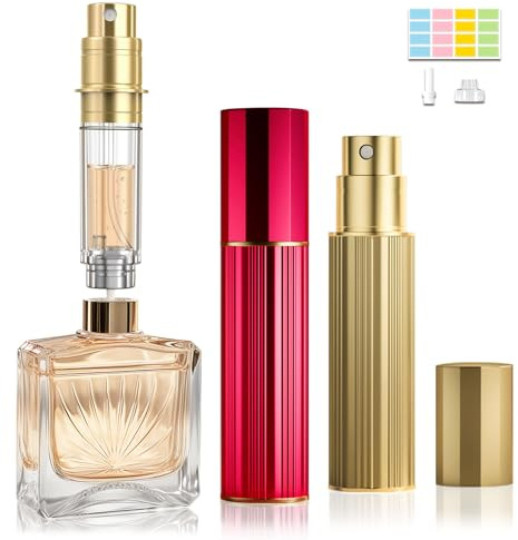JOOMOKO Perfume Atomiser, Perfume Travel Bottle, 10ML Atomiser Spray Bottle, Refillable & Travel Size Perfume Spray Bottle Easy to Refill Cologne Dispenser for Women and Men(Gold＆Red)