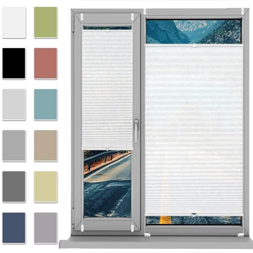 HUANQIN Jalousien Fenster Raffrollo, Fenster Plissee 90 x 215 cm, Nach Maß Qualität Ohne Bohren, Plissee Fenster Plisseerollo Faltstore, Fenster Plissee Ohne Bohren, für Fenster & Tür, Weiß