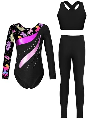 Alvivi Flicka gymnastikdräkt glitter gymnastikdräkt + leggings byxor + sportbh, toppar, långärmad balettdräkt, gymnastik, leotard, akrobatik, konkurrens, danskostym