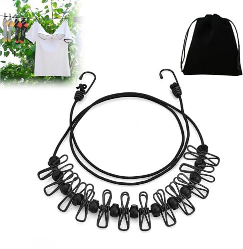 Hsyadazi Corda Per il Bucato Portatile, Corda Per il Bucato Elastica Estensibile, Corda Per il Bucato Estraibile, 180-360 Cm, Corda Per il Bucato Con 12 Clip Per Viaggi, Vacanze, Campeggio, Dormitorio