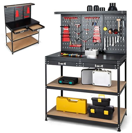 SOARS Banco da Lavoro, Organizer per Attrezzi in Metallo con 3 Pannelli Perforati con Kit di 25 Ganci, 2 Cassetti e 2 Ripiani, Banchi da Lavoro per Officina, Garage (Nero+Rosso, 121 X 61 X 156 CM)