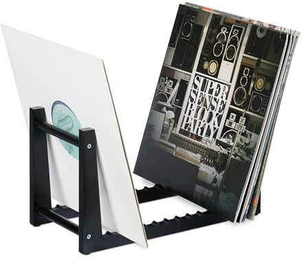 Relaxdays Porta Vinili, Contenitore Portavinili con 12 Scanalature in bambù, 50 Dischi LP, HLP: 27 x 43 x 34 cm, Nero