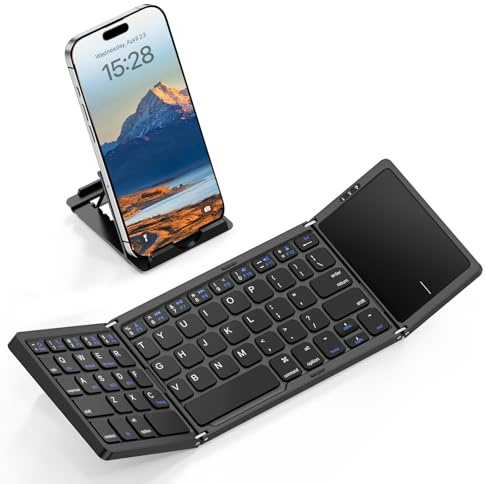 kidopire Vikbart Bluetooth-tangentbord med pekplatta, trådlöst hopfällbart bärbart tangentbord med stativhållare, ultratunt resetangentbord för Android Windows iOS surfplatta, fickstorlek, svart