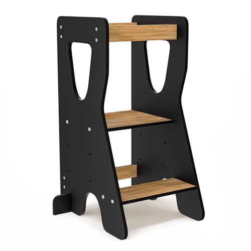 COSYLAND Torre de Aprendizaje Montessori de Madera – Altura Ajustable en 3 Niveles – para Niños Desde 18 Meses – con Barandillas de Seguridad – Estable y Fácil de Montar – Natural y Negro, Forma R