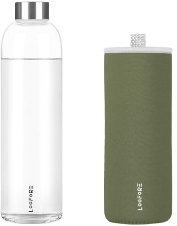 LOOFORE Glass Water Bottles 32 oz, 1 litre Glass Drinking Bottles with Lids, Borosilicate Large Reusable Water Bottle for School Home Office Travel Sport Yoga Gym, 1 Pack