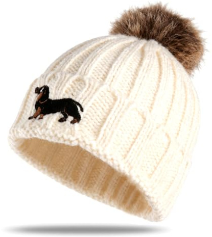 Zidoley Cadeau pour teckel, bonnet tricoté avec broderie de teckel, bonnet de pêcheur en coton doux pour l'hiver, unisexe, taille unique pour les propriétaires de chiens et les chasseurs, blanc cassé